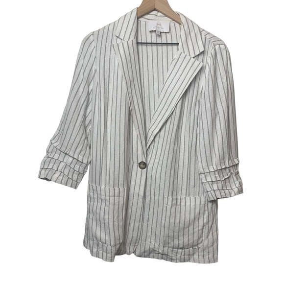 H byHalston Unstructured Linen Blazer White Silver Stripes Women's Metallic Med - Picture 1 of 7